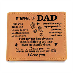 Stepdad Gift Genuine Leather Bifold Wallet Premium Full Grain Cowhide Construction Thoughtful Present Sentimental Love Message Printed Design Classic Mens Accessory Everyday Carry Essential Durable Quality Material Perfect Father Figure