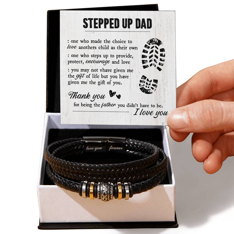 Stepdad Gift Engraved Mens Leather Bracelet Fathers Day Present Love Message Personalized Jewelry Meaningful Appreciation Gift Special Man Birthday Present Genuine Leather Band Adjustable Wristband Daily Wear Accessory Sentimental Keepsake